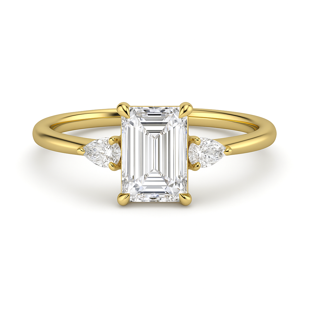 The Relivore – Emerald-Cut Three-Stone Engagement Ring 1.50ct Natural Diamonds | GIA Certified | Elegant Emerald Center + Pear Side Stones