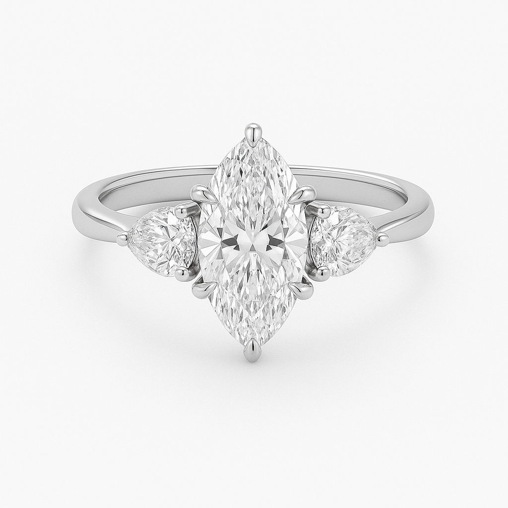 The Velmin - 1.80ct Marquise with Pear Diamonds On The Sides- IGI Certificate- Three Stone Engagement Ring
