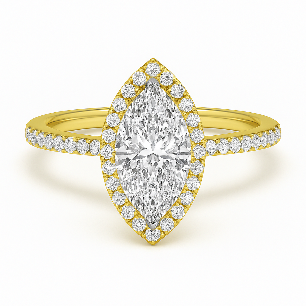 The Elenya – Marquise Halo Engagement Ring 2.1ct Lab-Grown Diamonds | IGI Certified | Marquise-Cut Center + Halo