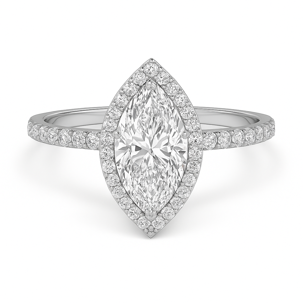 The Elenya – Marquise Halo Engagement Ring 2.1ct Lab-Grown Diamonds | IGI Certified | Marquise-Cut Center + Halo