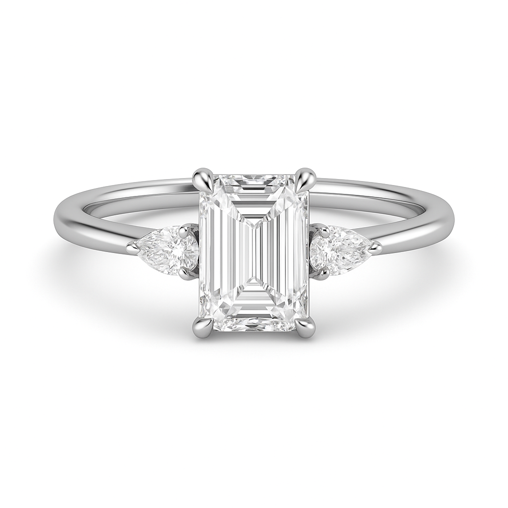 The Relivore – Emerald-Cut Three-Stone Engagement Ring 1.50ct Natural Diamonds | GIA Certified | Elegant Emerald Center + Pear Side Stones