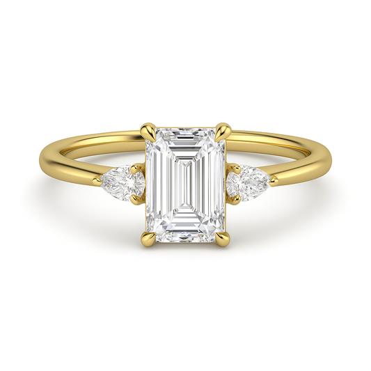 The Relivore – Emerald-Cut Three-Stone Engagement Ring 1.50ct Natural Diamonds | GIA Certified | Elegant Emerald Center + Pear Side Stones