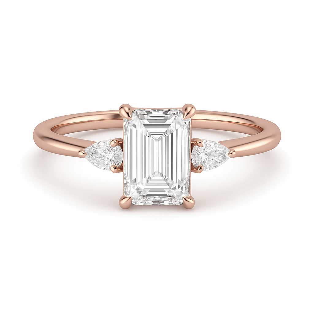 The Relivore – Emerald-Cut Three-Stone Engagement Ring 1.50ct Natural Diamonds | GIA Certified | Elegant Emerald Center + Pear Side Stones